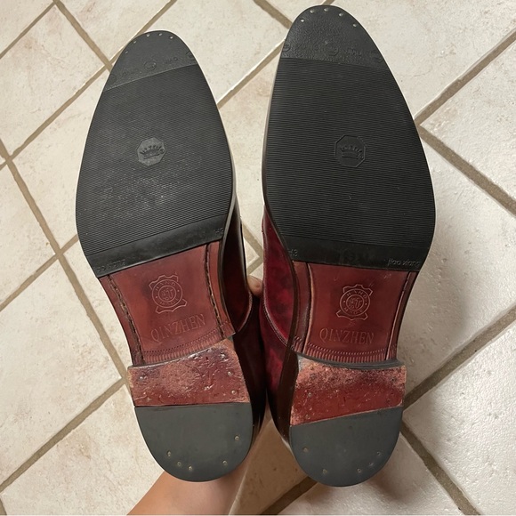 Handmade Premium Leather Oxfords Dress Shoes Pointed Toe Burgundy Tie-dye Effect - Picture 5 of 12